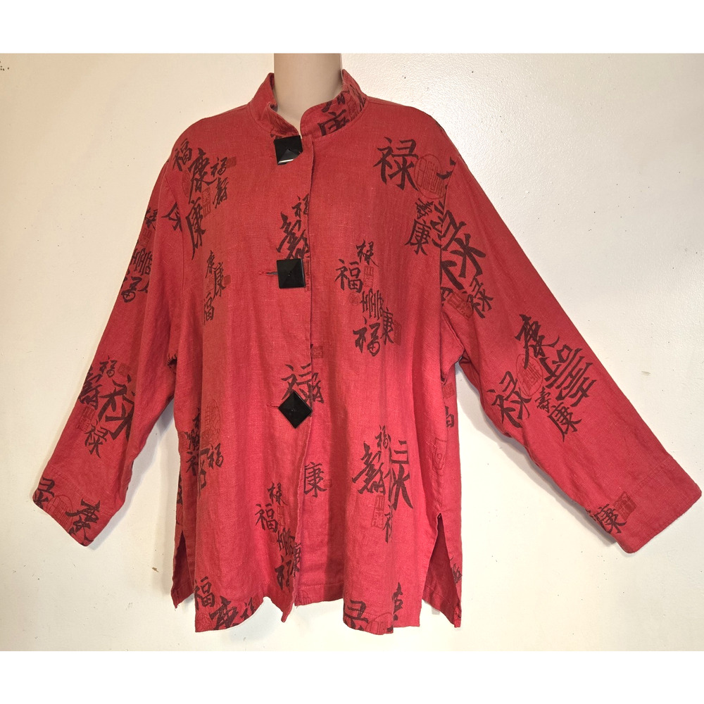 VTG Painted Pony Red Linen Jacket Top 1X Asian Designs Large Buttons Y2K USA - Picture 2 of 16